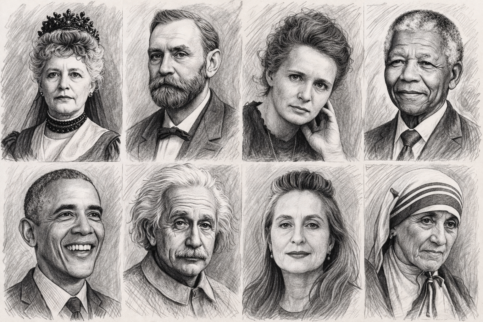 zur Verfügung gestellt unter CC0, https://creativecommons.org/publicdomain/zero/1.0/  © Porträts bedeutender Nobelpreisträger in Skizzen, erstellt mit ChatGPT, 